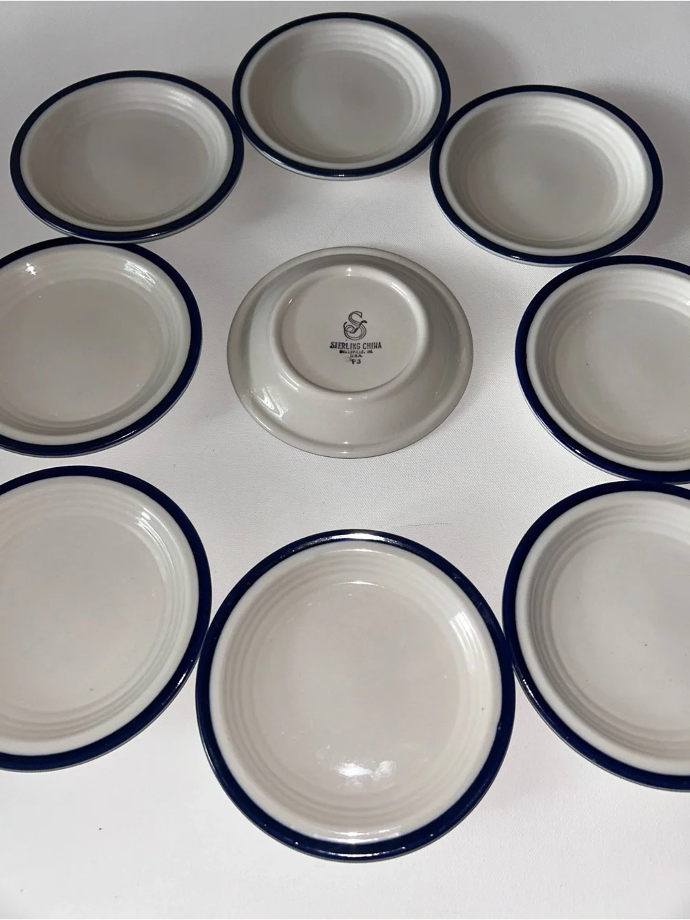 Set of 8 Vintage Sterling China Bread & Butter Plates Wellsville Ohio Blue Rim